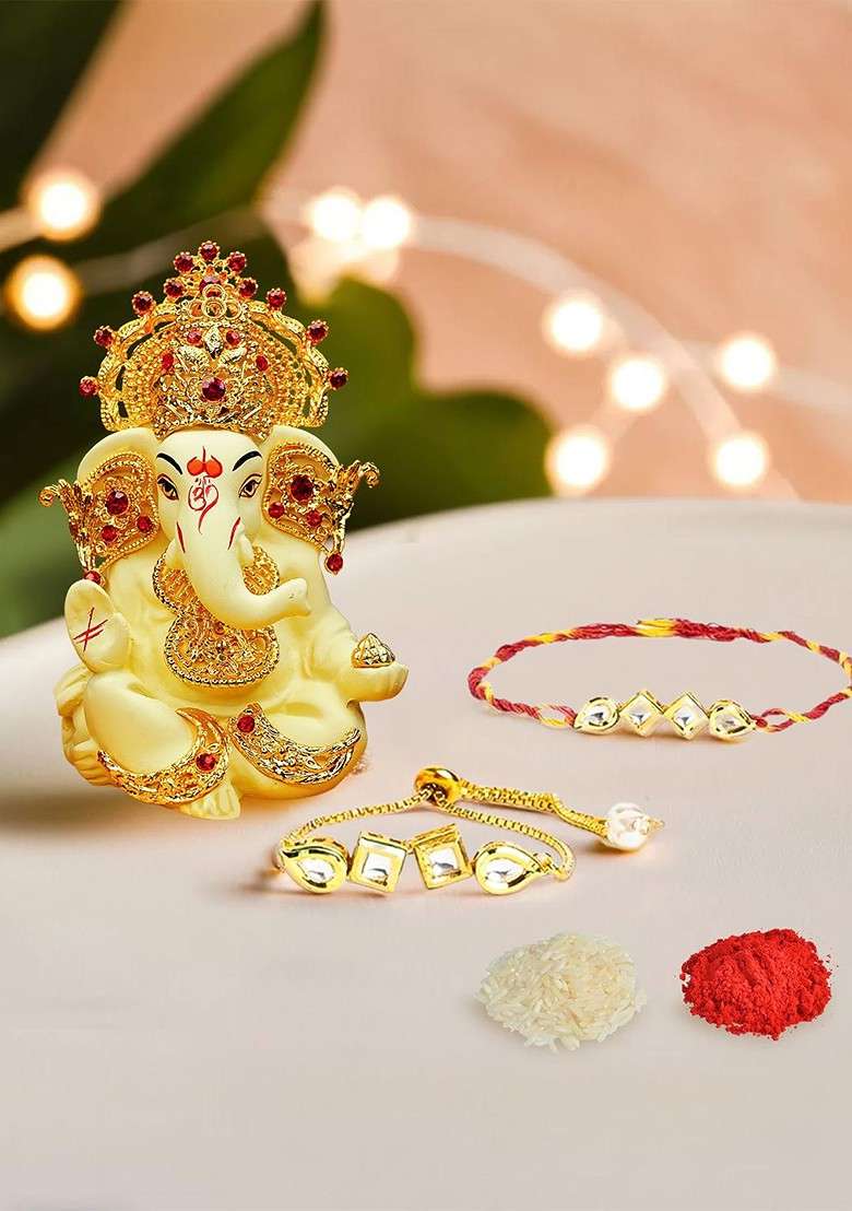 Set Of 3 Kundan Studded Bhaiya Bhabhi Rakhi With Ganesha Idol - Indya