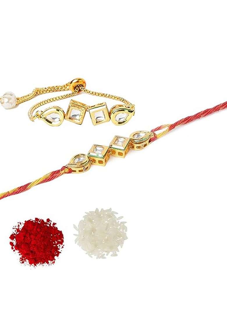 Set Of 3 Kundan Studded Bhaiya Bhabhi Rakhi With Ganesha Idol - Indya