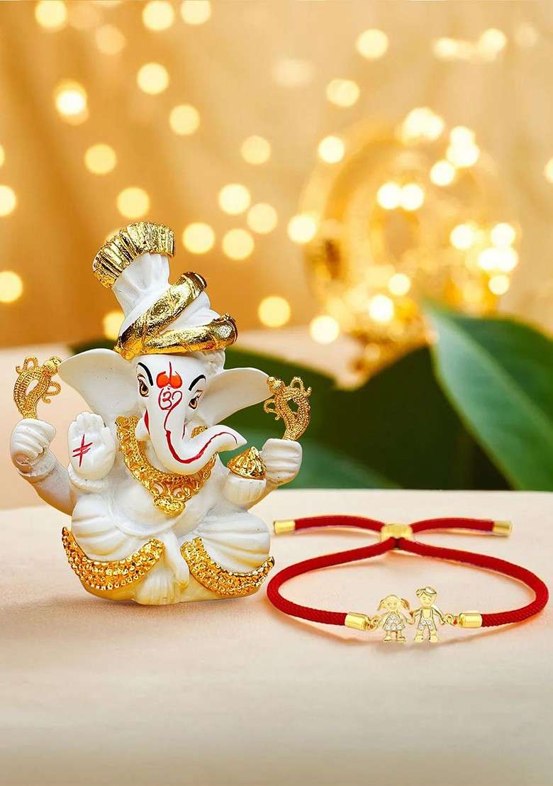 Set Of 2 Stone Studded Brother Sister Rakhi With Ganesha Idol - Indya