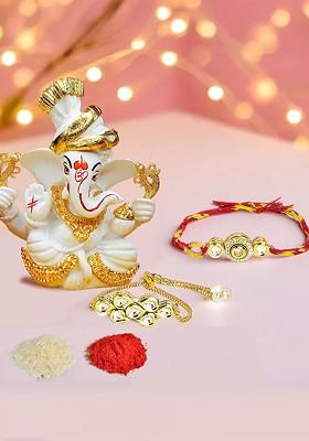 Set Of 2 Bhaiya Bhabhi Rakhi With Ganesha Idol And Roli Chawal Rakhi Gift Set