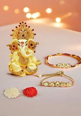 Set Of 2 Bhaiya Bhabhi Rakhi With Ganesha Idol And Roli Chawal Rakhi Gift Set