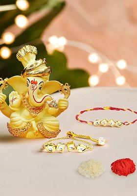 Set Of 2 Stone Studded Bhaiya Bhabhi Rakhi With Ganesha Idol