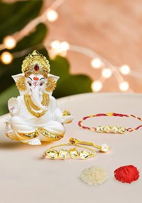 Set Of 2 Bhaiya Bhabhi Rakhi With Ganesha Idol And Roli Chawal Rakhi Gift Set