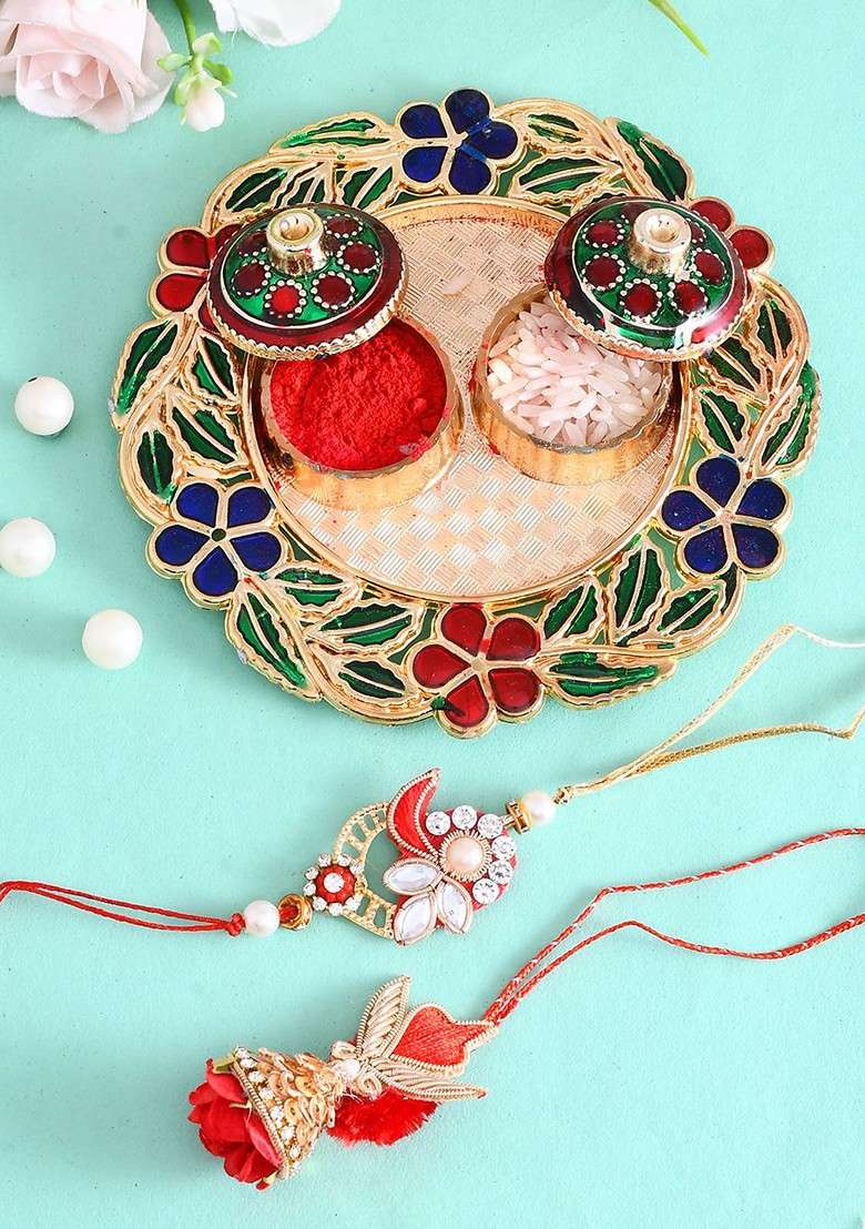 Set Of 2 Beaded Bhaiya Bhabhi Rakhi With Pooja Thai And Roli Chawal - Indya