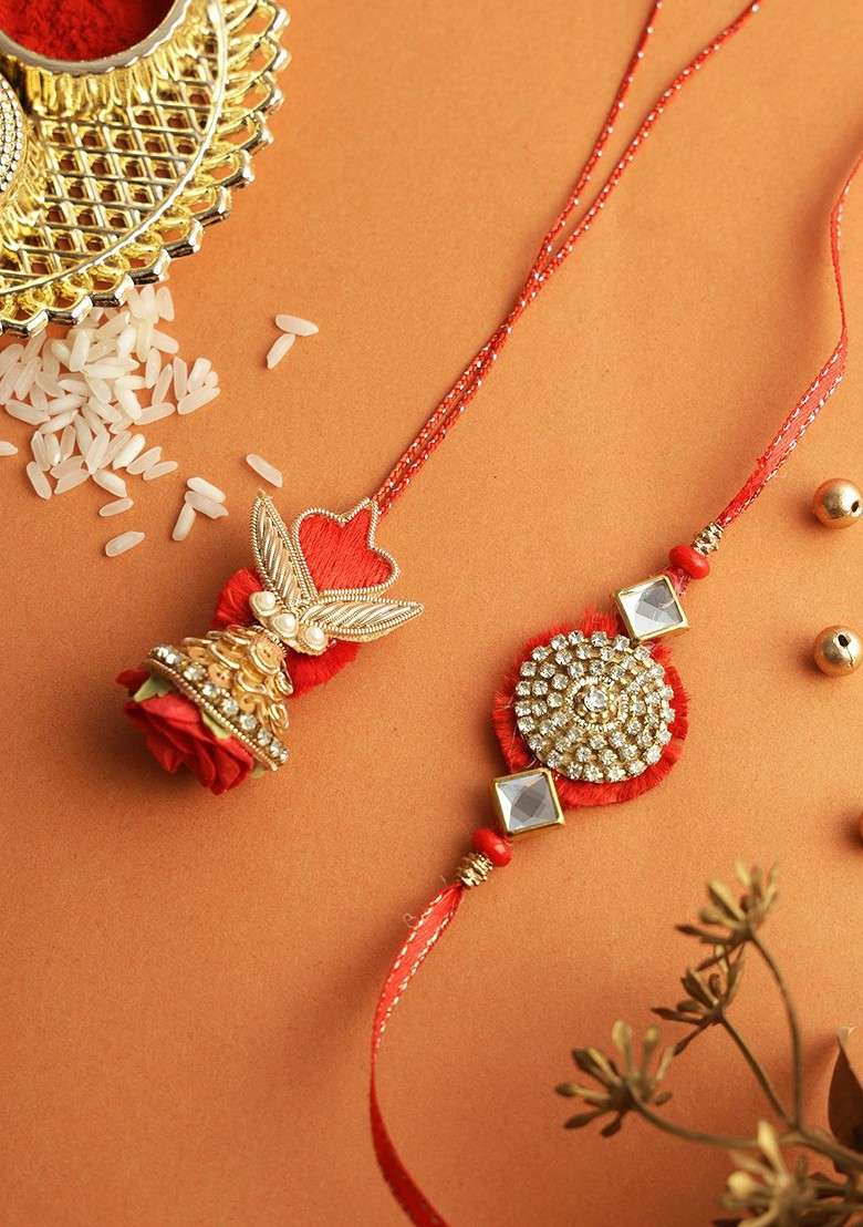 Set Of 2 Beaded Bhaiya Bhabhi Rakhi With Pooja Thai And Roli Chawal - Indya
