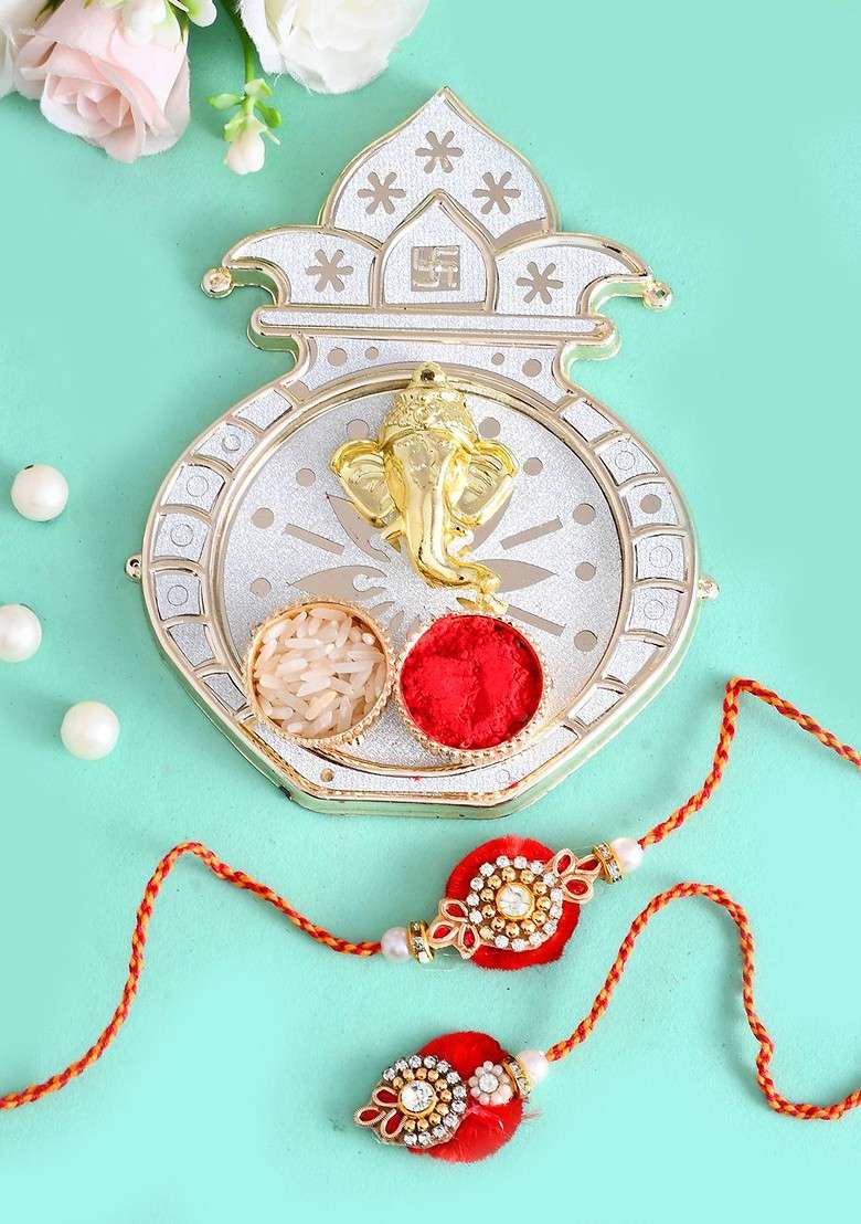 Set Of 2 Beaded Bhaiya Bhabhi Rakhi With Pooja Thai And Roli Chawal - Indya