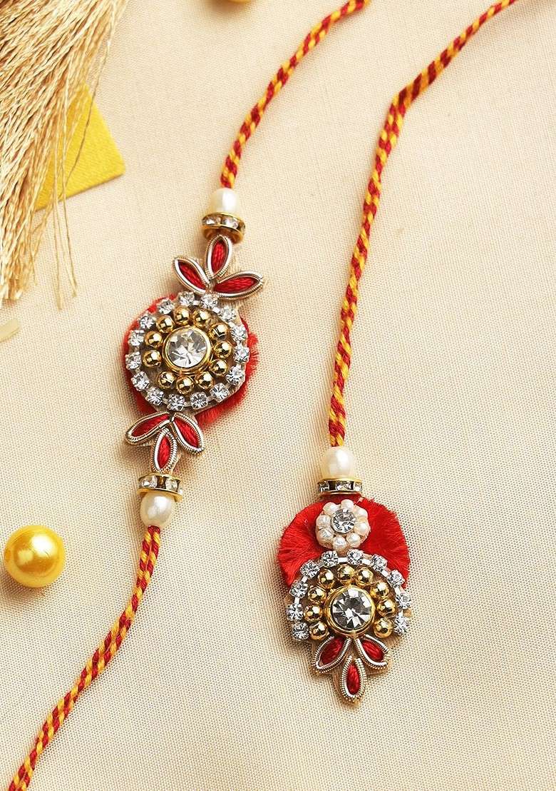 Set Of 2 Beaded Bhaiya Bhabhi Rakhi With Pooja Thai And Roli Chawal - Indya