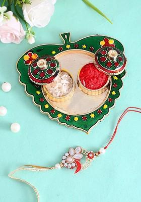 Set Of 2 Beaded Rakhis With Pooja Thai And Roli Chawal