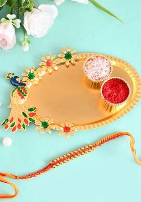 Set Of 2 Meenakari Beaded Rakhis With Pooja Thai And Roli Chawal