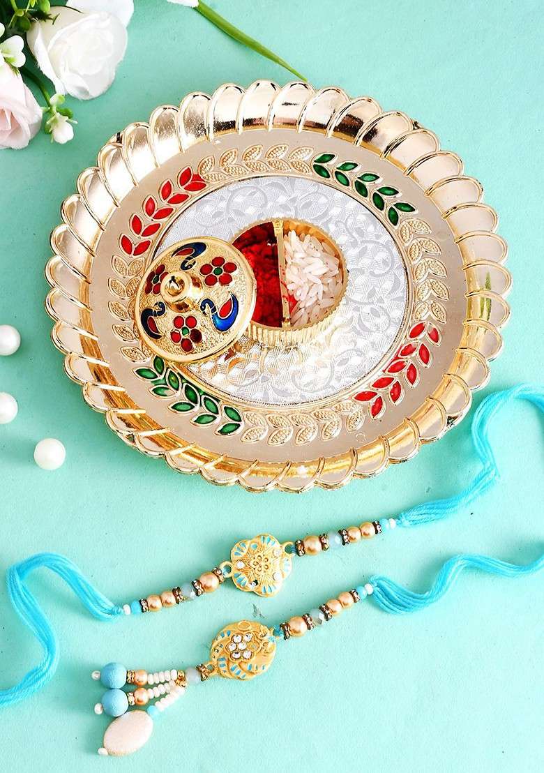 Set Of 2 Beaded Bhaiya Bhabhi Rakhi With Pooja Thai And Roli Chawal - Indya