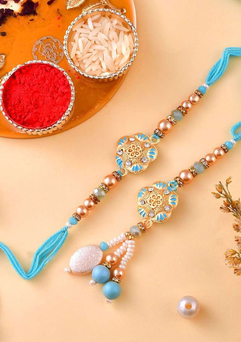 Set Of 2 Beaded Bhaiya Bhabhi Rakhi With Pooja Thai And Roli Chawal - Indya