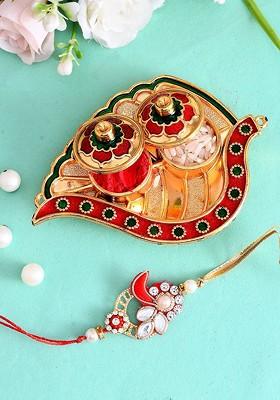 Set Of 2 Beaded Rakhis With Pooja Thai And Roli Chawal