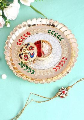 Set Of 2 Beaded Rakhis With Pooja Thai And Roli Chawal