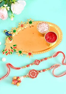 Set Of 2 Beaded Bhaiya Bhabhi Rakhi With Pooja Thai And Roli Chawal