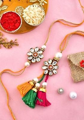 Set Of 2 Beaded Bhaiya Bhabhi Rakhi With Pooja Thai And Roli Chawal