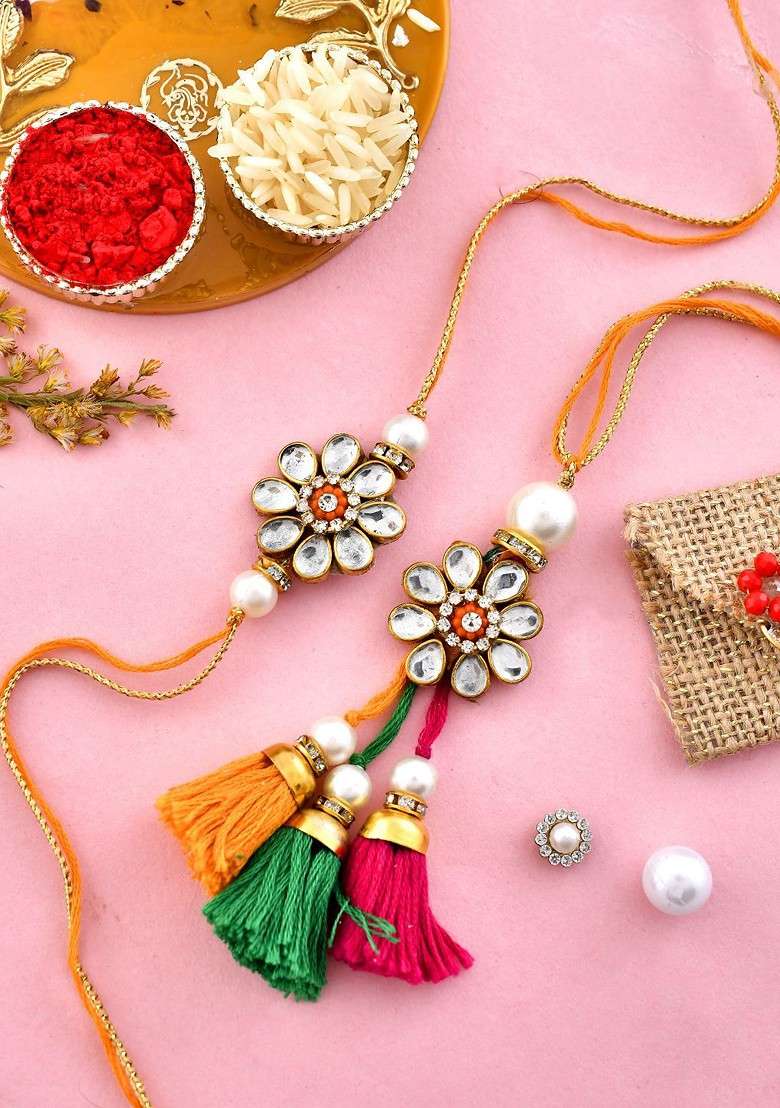 Set Of 2 Beaded Bhaiya Bhabhi Rakhi With Pooja Thai And Roli Chawal - Indya