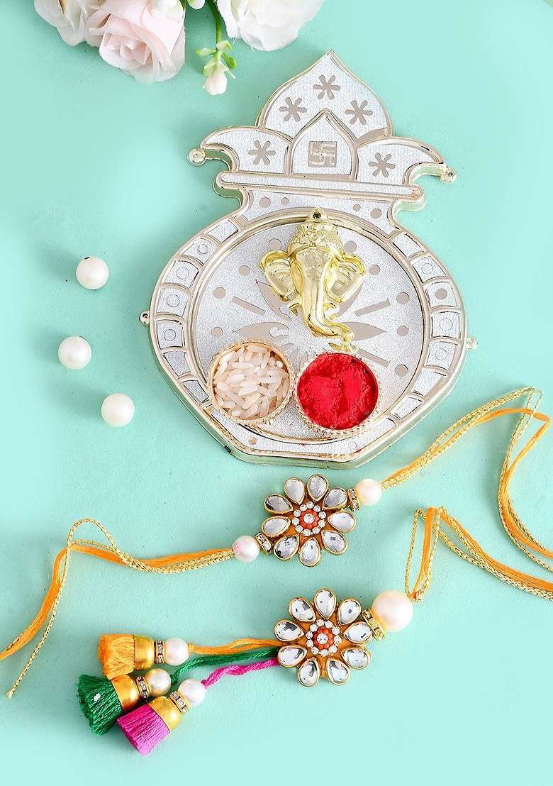 Set Of 2 Beaded Bhaiya Bhabhi Rakhi With Pooja Thai And Roli Chawal - Indya
