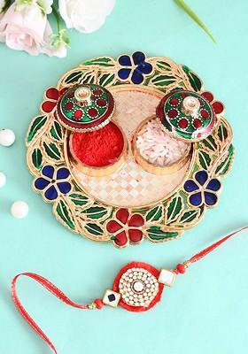 Set Of 2 Beaded Rakhis With Pooja Thai And Roli Chawal