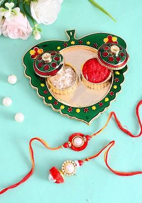 Set Of 2 Beaded Bhaiya Bhabhi Rakhi With Pooja Thai And Roli Chawal