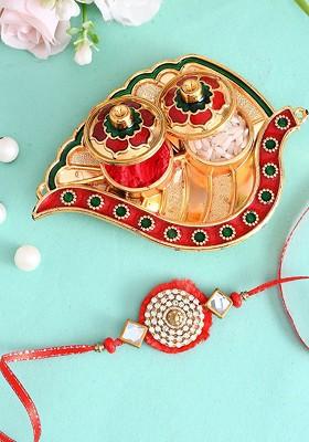 Set Of 2 Beaded Rakhis With Pooja Thai And Roli Chawal