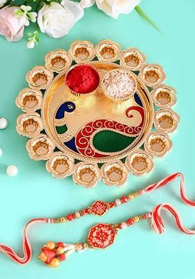 Set Of 3 Rakhi With Peacock Pooja Thali Gift Set