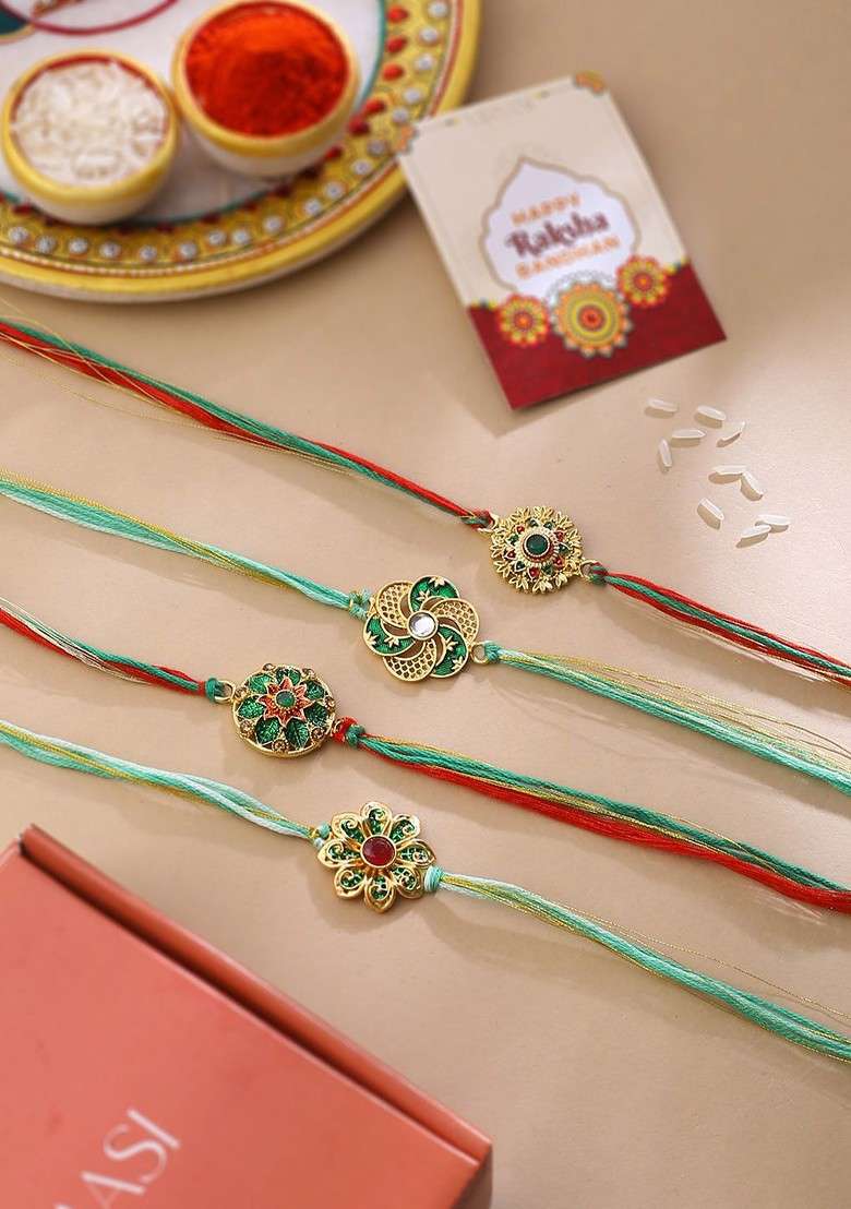 Set Of 4 Rakhis With Roli Chawal Gift Set And Get 1 Rakhi Free - Indya