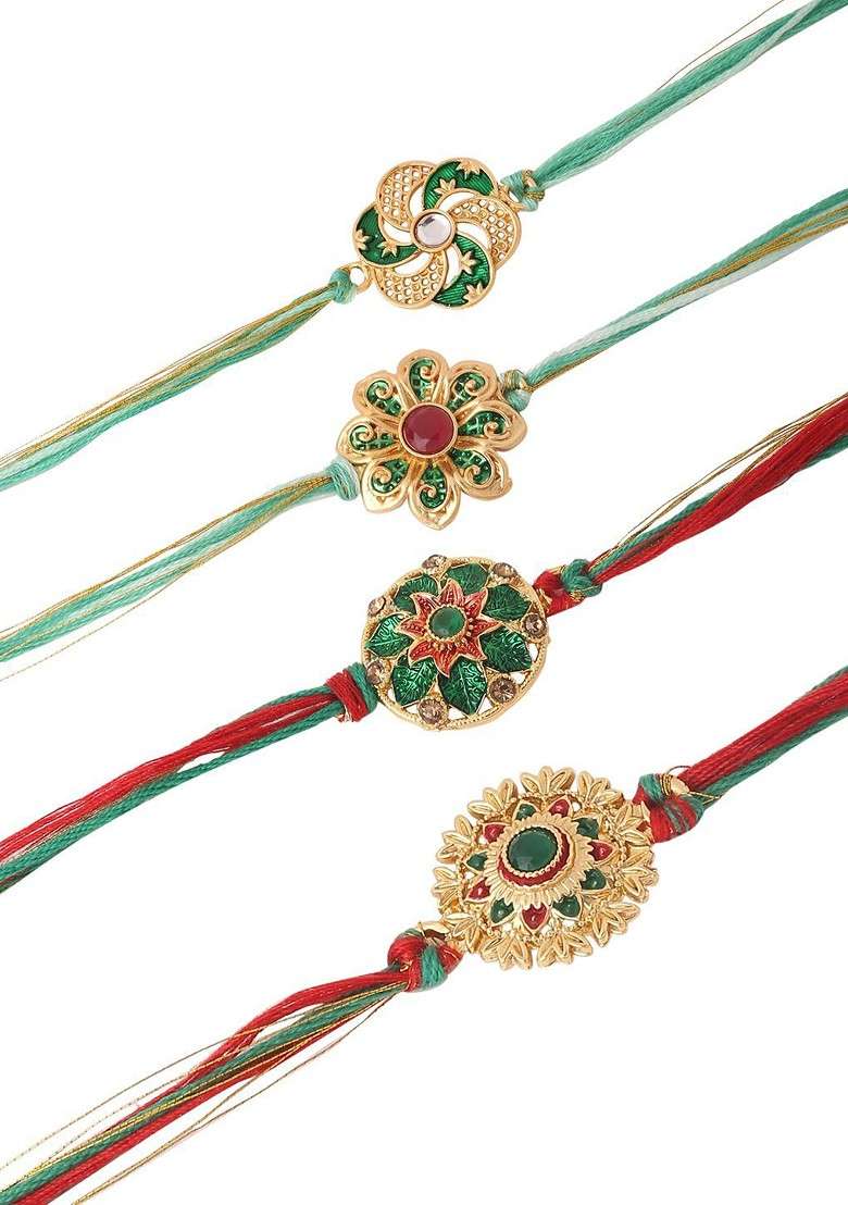 Set Of 4 Rakhis With Roli Chawal Gift Set And Get 1 Rakhi Free - Indya