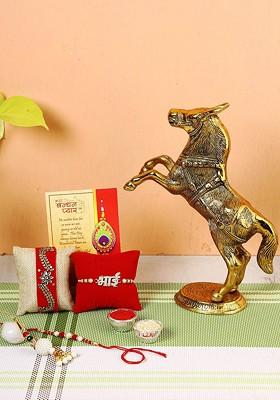 Set Of 4 Rakhi For Men With Gift Uplifted Metal Horse Feng Shui Showpiece