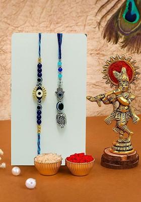 Set Of 2 Evil Eye Rakhi With Krishna Idol Gift Set