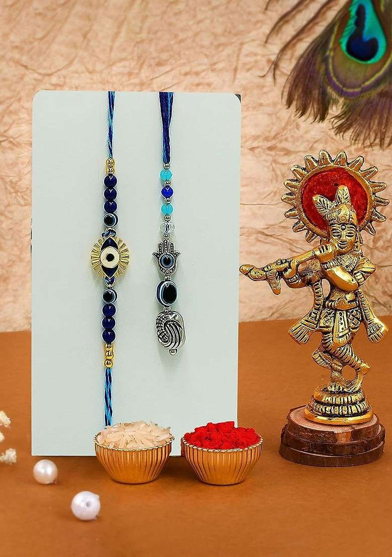 Set Of 2 Evil Eye Rakhi With Krishna Idol Gift Set - Indya