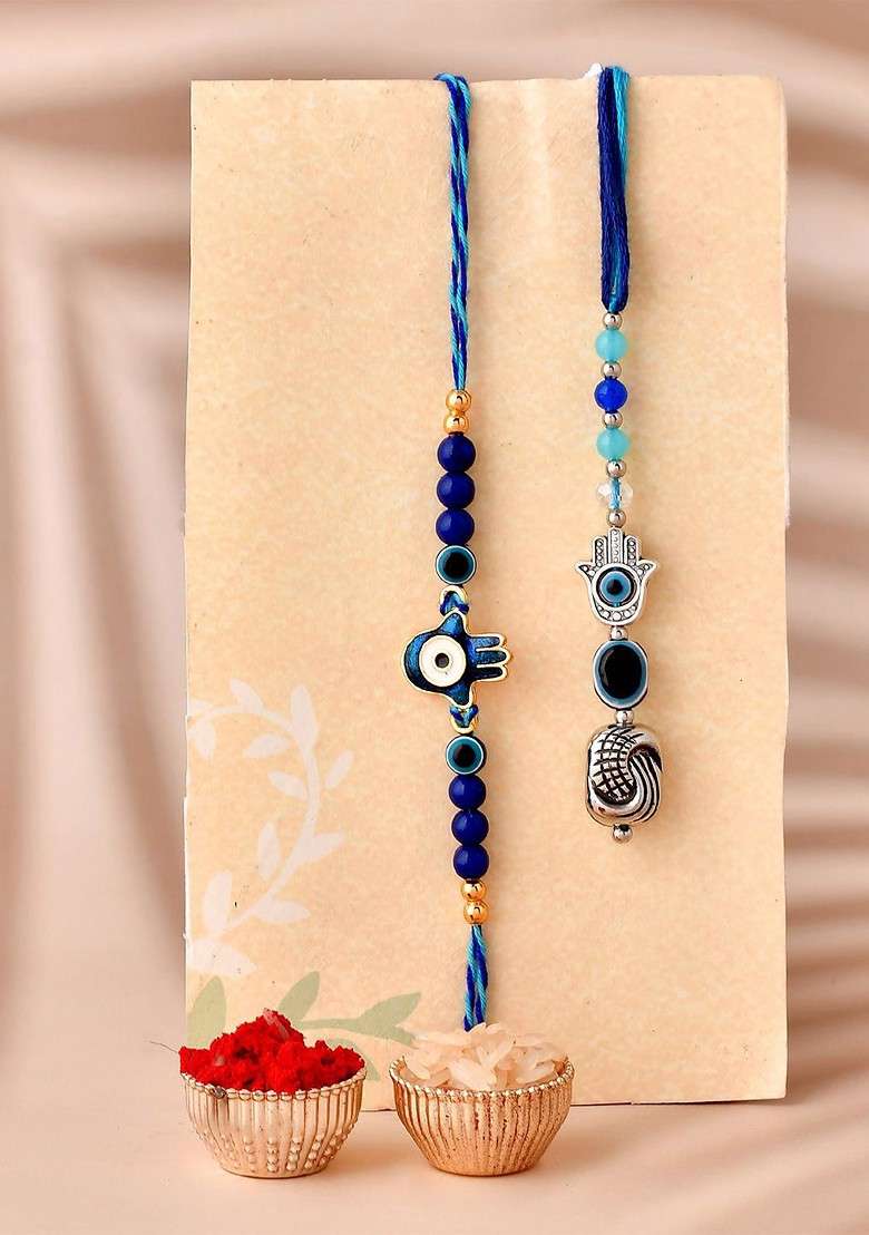 Set Of 2 Evil Eye Rakhi With Krishna Idol Gift Set - Indya