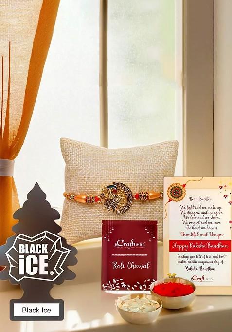 Set Of 2 Peacock Charm Rakhi With Air Freshener Black Ice Pack And Roli Chawal