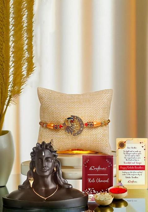 Set Of 2 Peacock Design Rakhi With Adiyogi Shiva Idol And Roli Chawal