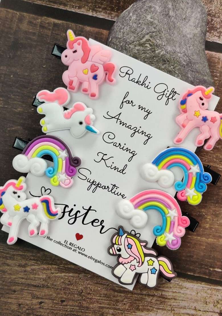 Girls Set Of 8 Alligator Hair Clip Rakhi Gift Set - Indya
