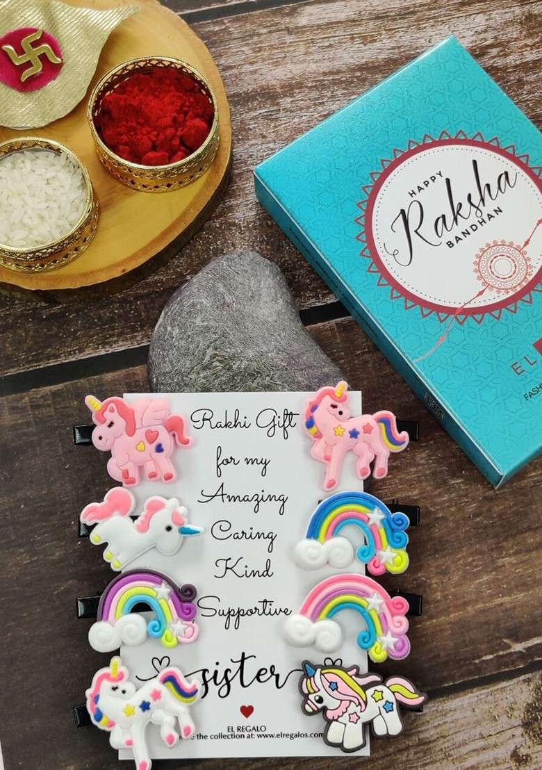 Girls Set Of 8 Alligator Hair Clip Rakhi Gift Set - Indya