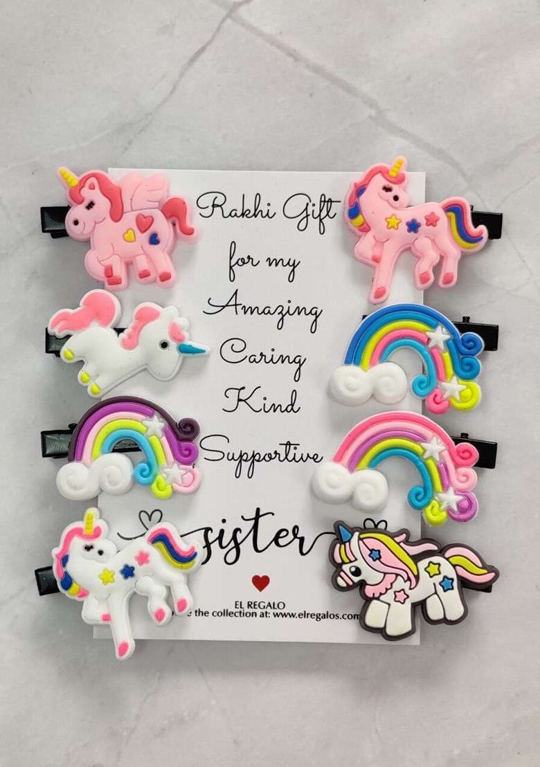 Girls Set Of 8 Alligator Hair Clip Rakhi Gift Set - Indya