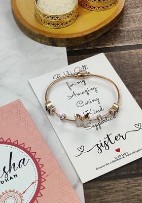 Gold Toned Kada Bracelet Stainless Steel Rakhi Gift Set