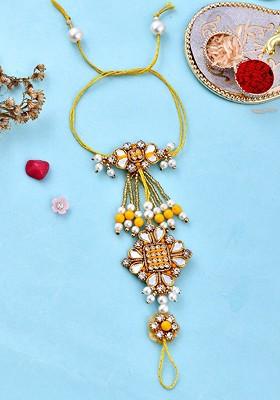 Unisex Set Of 4 Beautiful Beads Kundan Studded Wristlet Rakhi Gift Set