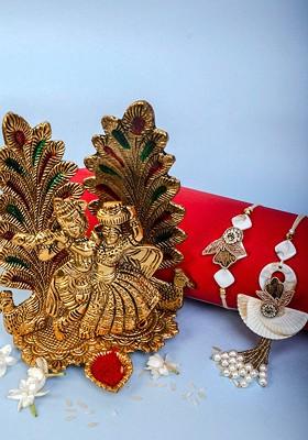 Gift Set Of Radha Krishna Bhiaya Bhabhi Rakhis With Showpiece And Roli Chawal