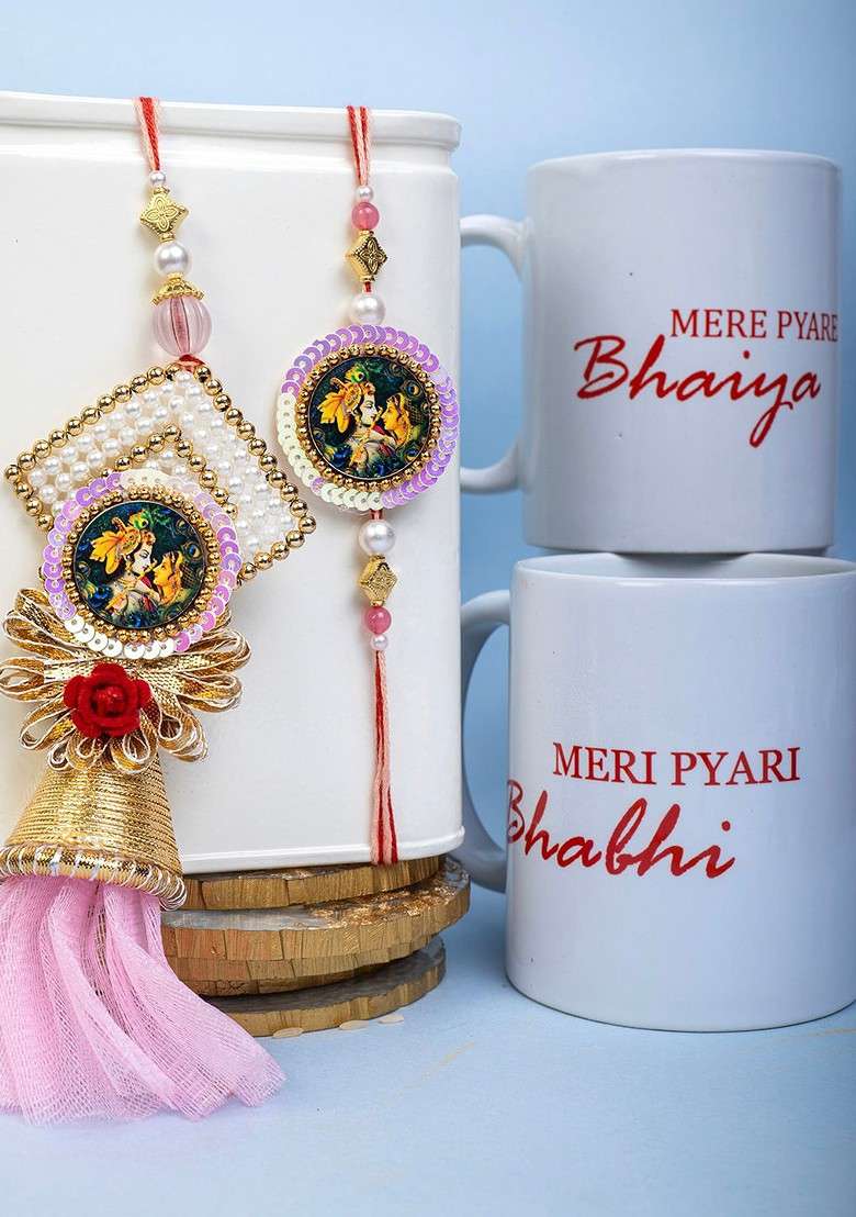 Set Of 2 Gold Plated Beaded And Sequinned Rakhis With 2 Mugs - Indya