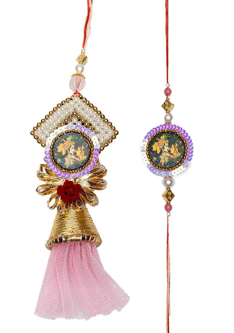 Set Of 2 Gold Plated Beaded And Sequinned Rakhis With 2 Mugs - Indya