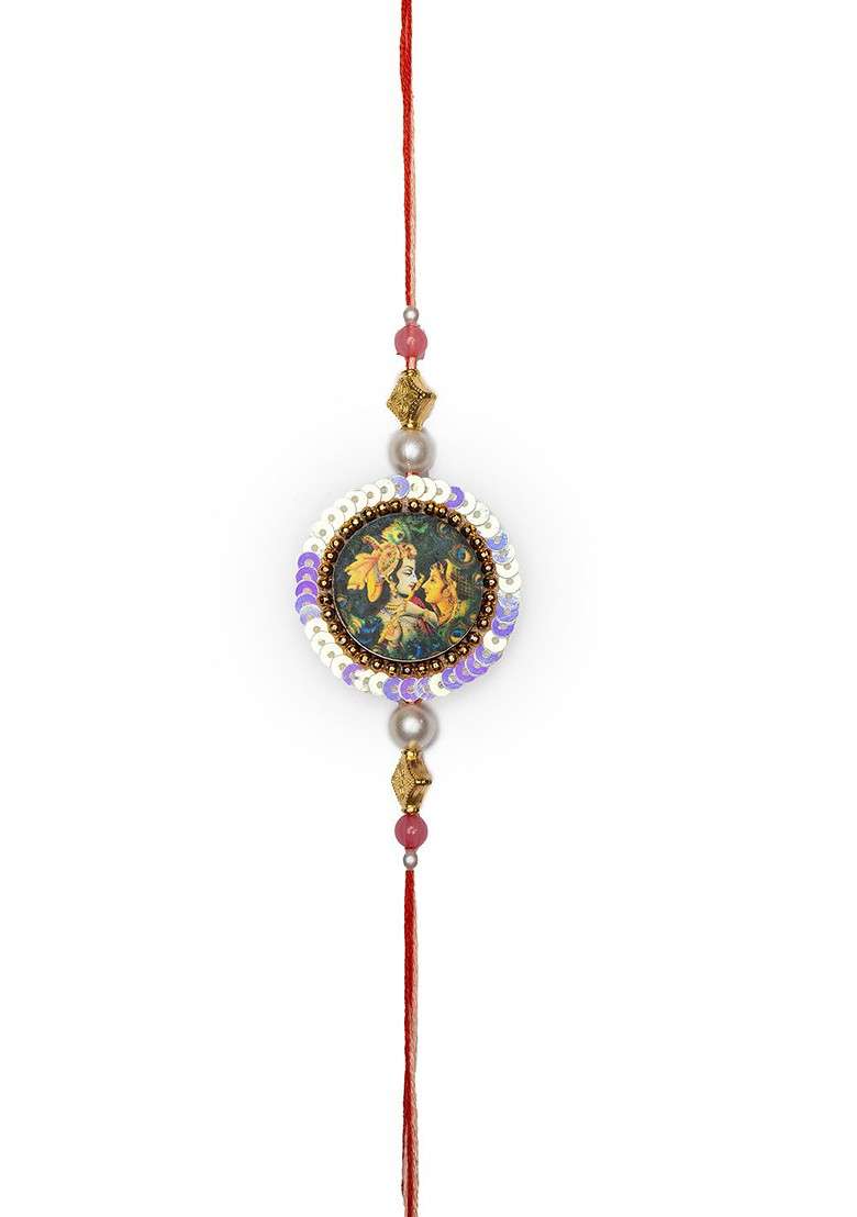 Set Of 2 Gold Plated Beaded And Sequinned Rakhis With 2 Mugs - Indya
