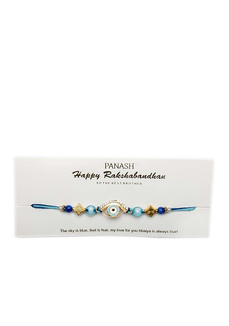 Unisex Set Of 2 Gold Plated Evil Eye Charm Rakhi With Mugs And Roli Chawal - Indya