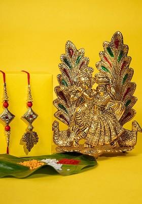 Set Of 3 Thread Rakhis With Radha Krishna And Roli Chawal