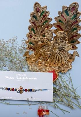 Gold Plated Beaded Rakhi Radha Krishna And Roli Chawal Gift Set