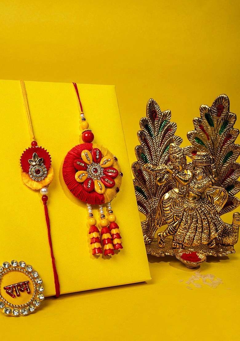 Set Of 2 Gold Plated Stone Studded Bhaiya Bhabhi Rakhi Gift Set - Indya