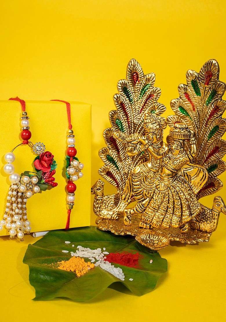 Set Of 2 Gold Plated Floral And Beaded Rakhi With Radha Krishna And Roli Chawal - Indya