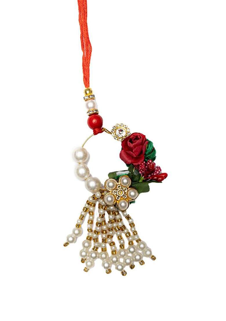 Set Of 2 Gold Plated Floral And Beaded Rakhi With Radha Krishna And Roli Chawal - Indya