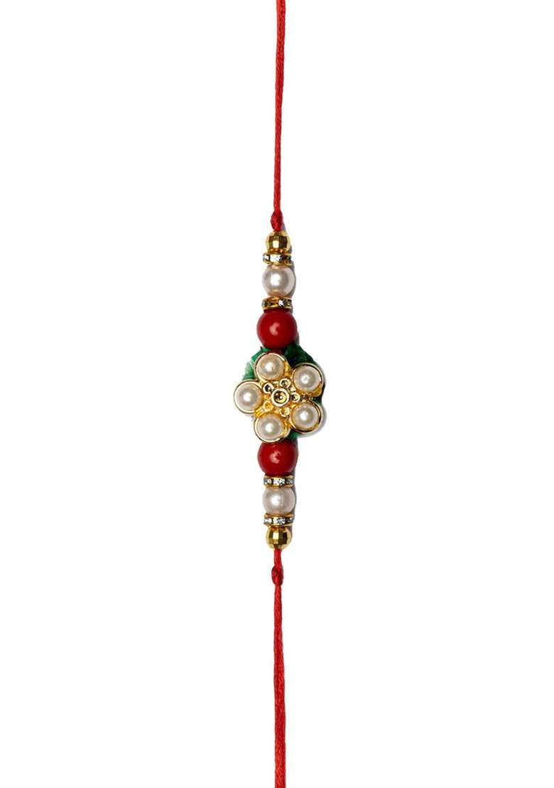 Set Of 2 Gold Plated Floral And Beaded Rakhi With Radha Krishna And Roli Chawal - Indya