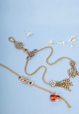 Set Of 4 Gold Plated Kundan Rakhi With Radha Krishna And Roli Chawal